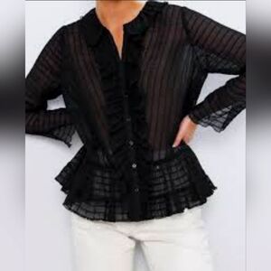 Zara Women Ruffled Textured Weave Black Blouse